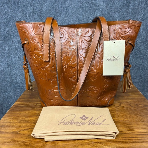 Patricia Nash Kemble Florence Tooled Leather Tote Bag Purse Tassels Brown NWT - Picture 1 of 15